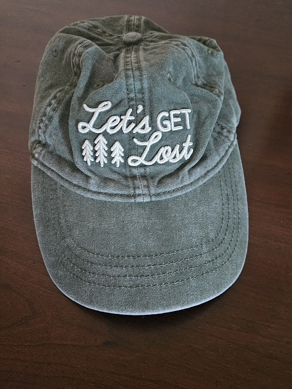Let’s Get Lost Cotton Embroidered Baseball Cap in Olive Green